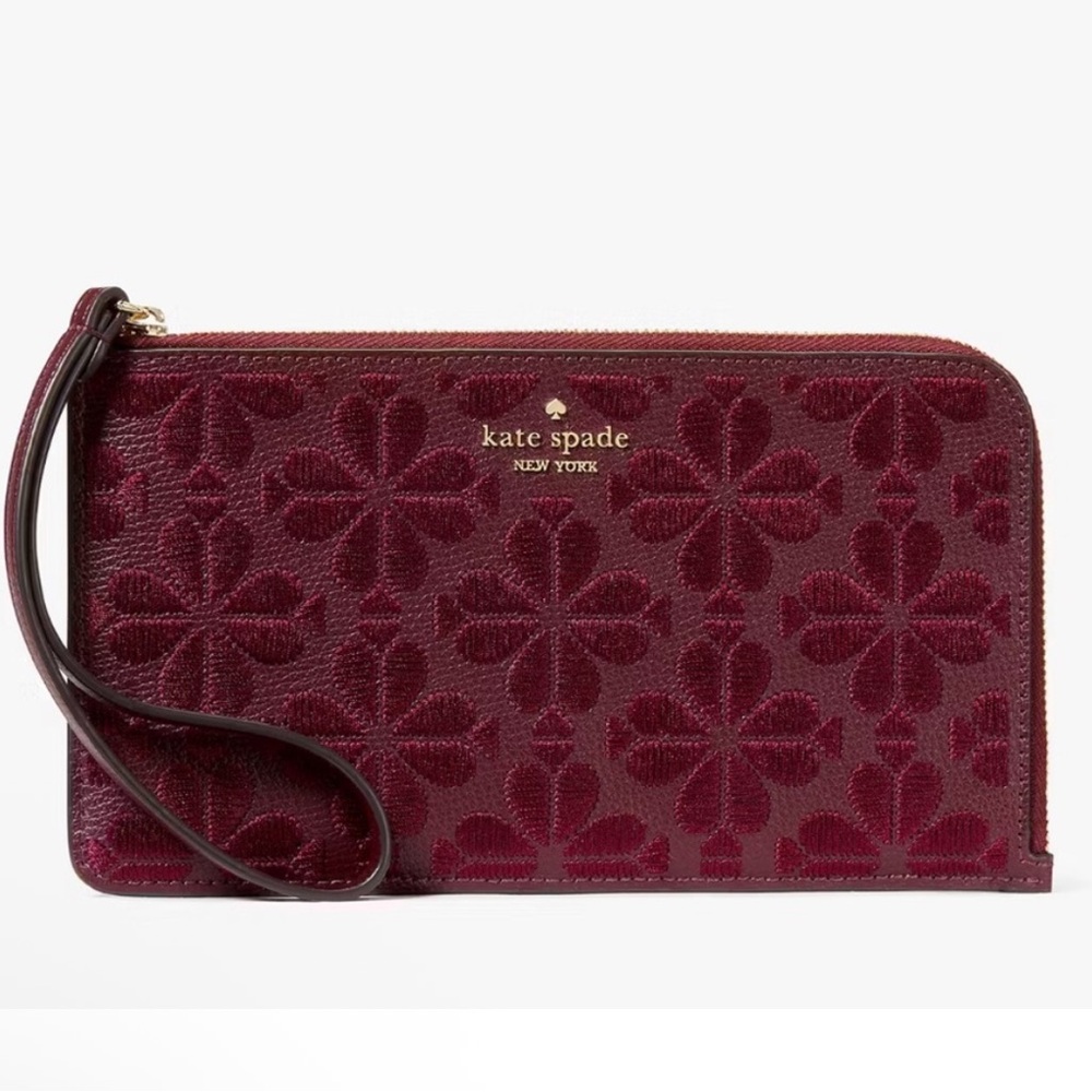 Kate Spade ♠️ Embroidered Spade Flower Merlot L-zip Medium Wristlet. Back slip.